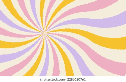 Vintage groovy rainbow wavy pastel retro background with flowers. Cute colorful trendy vector illustration in style 70s, 80s.