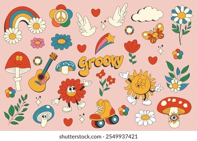 Vintage groovy set elements in flat graphic design. Collection of rainbow, peace, doves, cloud, daisy, heart, mushrooms, butterfly, guitar, roller skates, other funky mascots. Vector illustration.