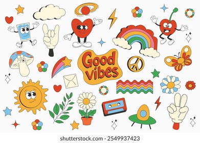 Vintage groovy set elements in flat graphic design. Collection of good vibes, heart, rainbow, cherry, mushroom, cloud, star, peace, daisy, flower, butterfly, other funky mascots. Vector illustration.