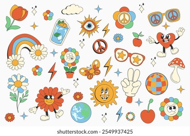 Vintage groovy set elements in flat graphic design. Collection of clouds, rainbow, eyes, peace, sunglasses, daisy, butterfly, heart, sun, mushroom, disco ball other funky mascots. Vector illustration.