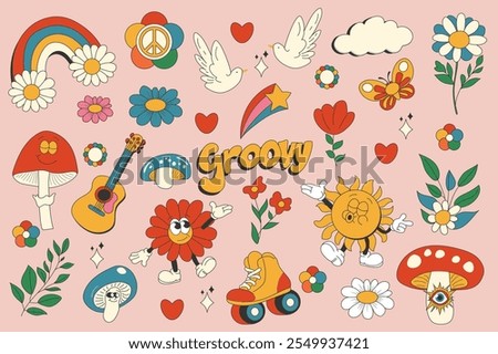Vintage groovy set elements in flat graphic design. Collection of rainbow, peace, doves, cloud, daisy, heart, mushrooms, butterfly, guitar, roller skates, other funky mascots. Vector illustration.