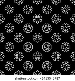 Vintage Groovy Smiling Flower vector dark concept outline seamless pattern
