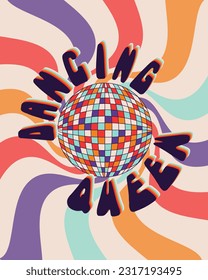 Vintage groovy typographic poster with discoball. Text Dancing Queen around retro colored disco ball on graphic background. Vector flat illustration. Perfect for poster, banner, post for social media