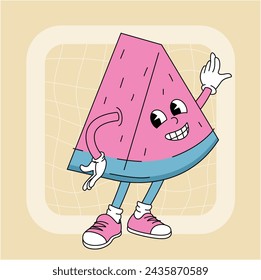 Vintage groovy watermelon character. Fruits and vegetables retro comic collection for poster and sticker design. Retro character, hippie 70s style.