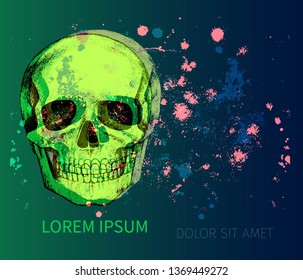Vintage grunge background with acid toxic green human skull. Vector illustration. 