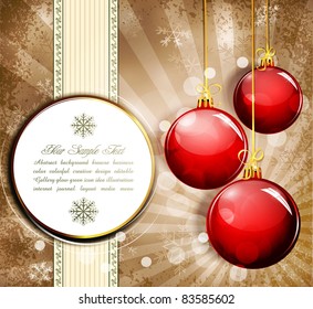 Vintage grunge background with snowflakes and red  New Year balls