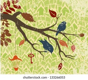 Vintage grunge background of tree branch with bird and lantern