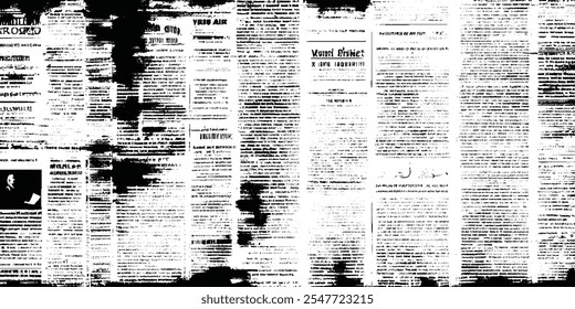 Vintage grunge blurred paper news texture horizontal background. Abstract seamless pattern with chaotic layering of newspaper text