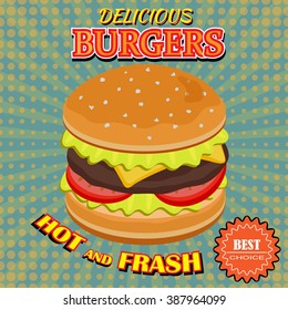 Vintage and grunge burger poster design, pop art style, vector illustration