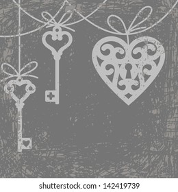 Vintage Grunge Card With Hanging Lock Shaped Heart And Skeleton Key