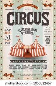 Vintage Grunge Circus Poster/
Illustration of an old-fashioned vintage circus poster, with big top, design elements and grunge textured background