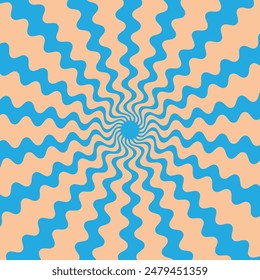 Vintage grunge colorful twisted spiral retro burst background vector. Groovy hippie 70s backgrounds. Waves, swirl, twirl pattern. Twisted and distorted vector texture in trendy retro psychedelic style