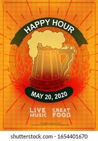 Vintage grunge drawing for a happy hour at the bar. Lettering with banner and traditional beer MUG isolated on  grunge background. COLORFUL VECTOR EPS 10.