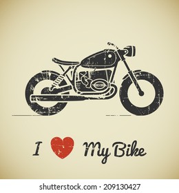 Vintage grunge flat looking motorcycle and text on beige background