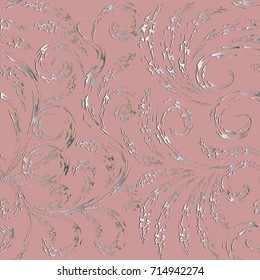 Vintage grunge floral seamless pattern. Light pink vector background with hand drawn silver gold swirl 3d leaves and flowers. Elegance endless ornamental texture. Rich beautiful ornaments.