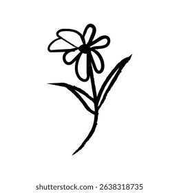 Vintage Grunge Flower Plant Icon Silhouette, Black Ink Botanical Art, Floral Element for Artistic Projects.