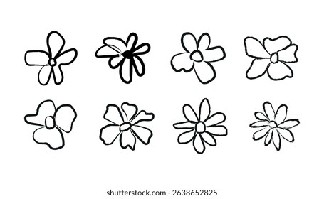 Vintage Grunge Flower Set Icon, Black Ink Botanical Art, Floral Element for Artistic Projects.