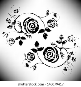 Vintage grunge flower. Vector rose element. Black illustration background. 