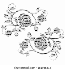 Vintage grunge flower. Vector rose element. Spotted black illustration background. 