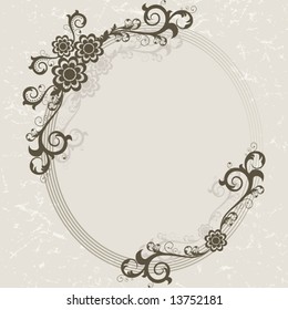 Vintage grunge frame with flowers and swirls on a grey background