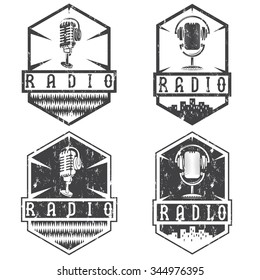 Vintage Grunge Labels Of Radio With Microphone And Headphones 