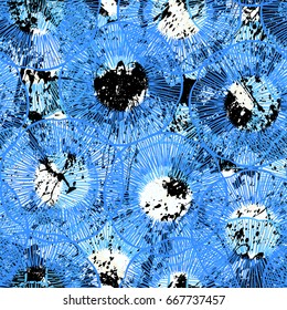 Vintage grunge pattern in blue colors on colorful painted background. Bold ethnic print with lines, circles and abstract shapes on paint splatters and splashes. Hand drawn texture with tribal motifs