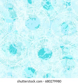 Vintage grunge pattern in blue colors on colorful painted background. Bold ethnic print with lines, circles and abstract shapes on paint splatters and splashes. Hand drawn texture with nautical motifs