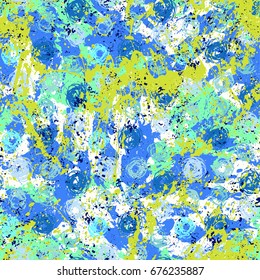 Vintage grunge pattern in blue green colors on colorful hand drawn background. Bold ethnic print with dots and abstract shapes on paint splatters and splashes. Hand drawn texture with painted dots