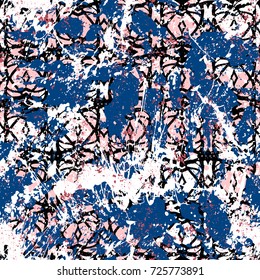 Vintage grunge pattern in blue pink colors on colorful hand painted background. Bold ethnic print with lines and abstract shapes on paint splatters and splashes. Hand drawn texture with tribal motifs