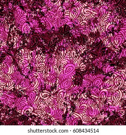 Vintage grunge pattern in bright color on colorful hand painted background. Bold ethnic print with waving lines and organic shapes on paint splatters and splashes. Vintage texture with tribal motif