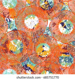 Vintage grunge pattern in bright colors on colorful painted background. Bold ethnic print with lines, circles and abstract shapes on paint splatters and splashes. Hand drawn texture with tribal motifs