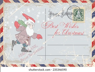 vintage grunge postcard with the image of a cheerful dwarf, and congratulations on Christmas.vector illustration