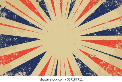 Vintage grunge red and blue radial lines background Rectangle fight stamp for card Retro graphic circus vector texture