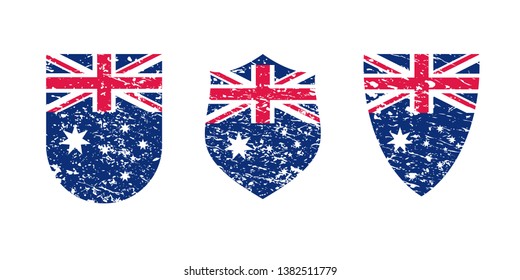 Vintage grunge shield with Australian flag set, isolated on white background, vector illustration.