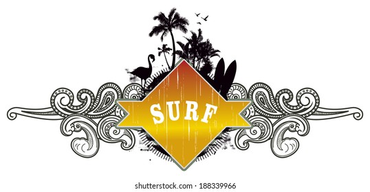 vintage grunge shield with flamingo palms and table