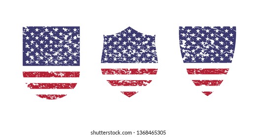 Vintage grunge shield with USA American flag, set isolated on white background, vector illustration.