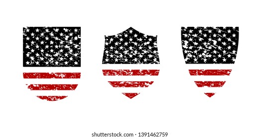 Vintage grunge shield with USA American flag set, black and red isolated on white background, vector illustration.