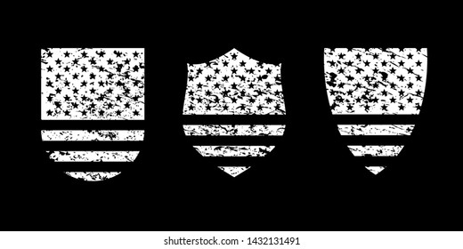 Vintage grunge shield with USA American flag set, white isolated on black background, vector illustration.