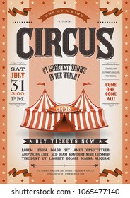 Vintage Grunge Striped Circus Poster/
Illustration of an old-fashioned vintage circus poster, with big top, design elements and grunge textured background