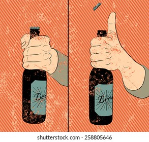 Vintage grunge style beer poster. Humorous poster instruction for opening the a bottle of beer.  Hand hold a bottle of beer. Vector illustration. 