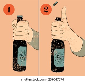 Vintage grunge style beer poster. Humorous poster instruction for opening the a bottle of beer. Hand hold a bottle of beer. Vector illustration.