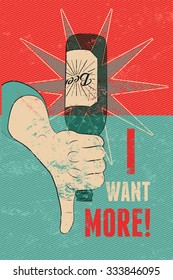 Vintage grunge style beer poster. Hand hold an empty bottle of beer. Retro vector illustration.