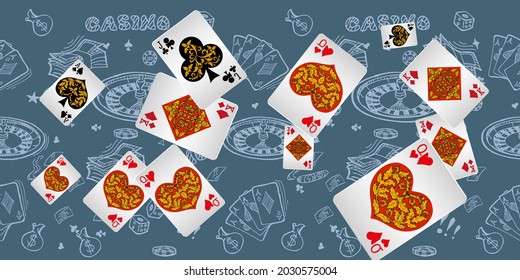 Vintage grunge style casino poster with playing cards. Retro vector illustration.