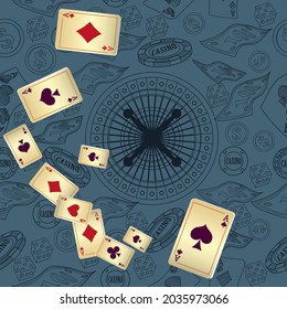 Vintage grunge style casino poster with playing cards. Retro vector illustration.