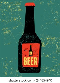 Vintage grunge style poster with a beer bottle. Retro vector illustration.