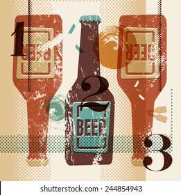 Vintage grunge style poster with a beer bottles. Retro vector illustration.