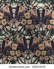 Estilo grunge vintage sem emenda padrão com araras e flores. Vetor desenhado à mão.