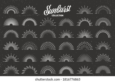 Vintage grunge sunburst collection. Bursting sun rays. Fireworks. Logotype or lettering design element. Radial sunset beams. Vector illustration.