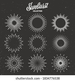 Vintage grunge sunburst collection. Bursting sun rays. Fireworks. Logotype or lettering design element. Radial sunset beams. Vector illustration.