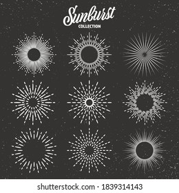 Vintage grunge sunburst collection. Bursting sun rays. Fireworks. Logotype or lettering design element. Radial sunset beams. Vector illustration.